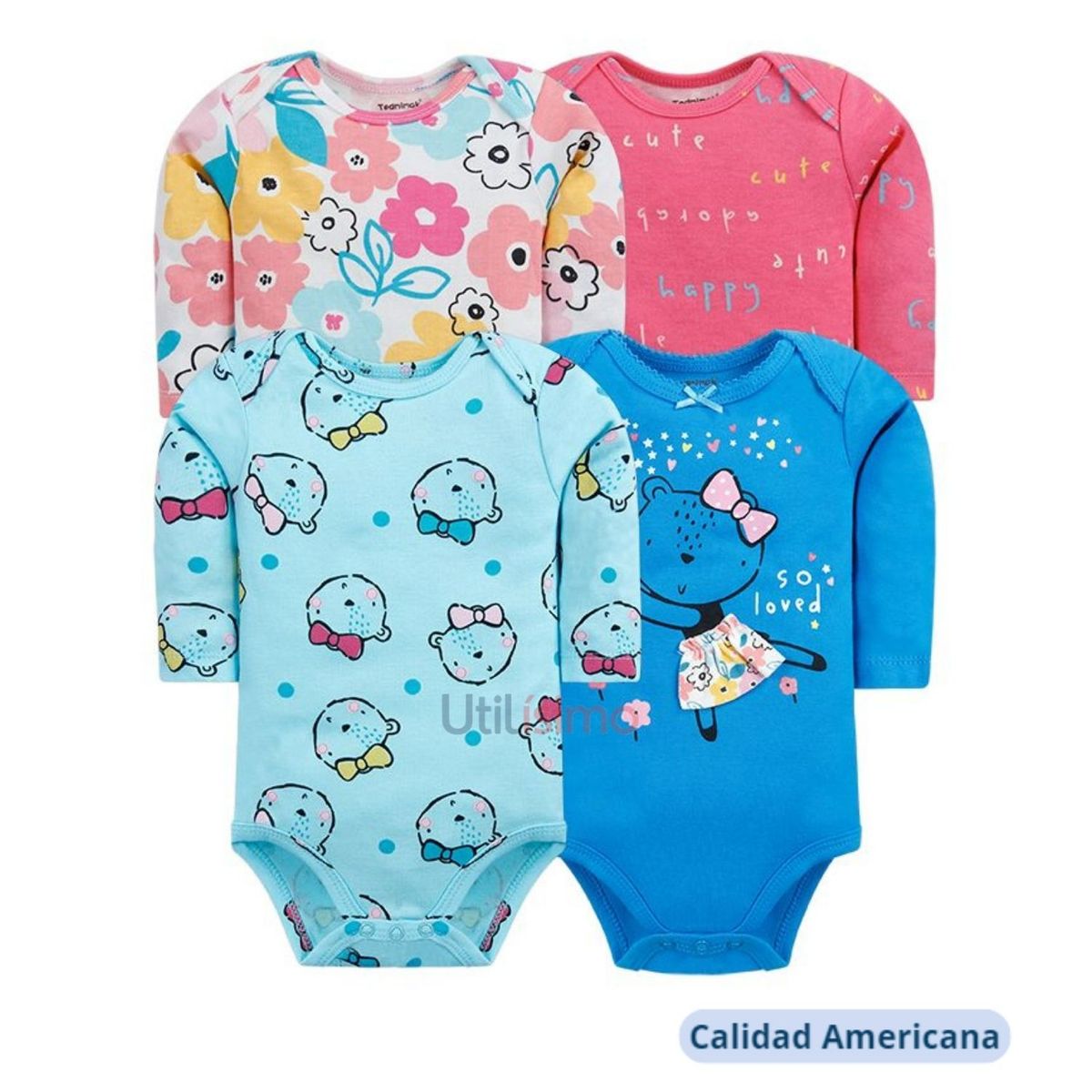 TEDMIMAK - Pack 4 Bodys Tedmimak Niña Manga Larga Ositos y Flores 100% Algodón