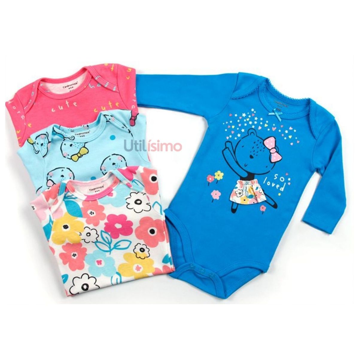 TEDMIMAK - Pack 4 Bodys Tedmimak Niña Manga Larga Ositos y Flores 100% Algodón