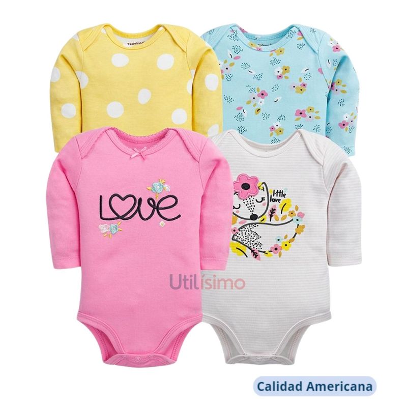 TEDMIMAK - Pack 4 Bodys Tedmimak Niña Manga Larga Love 100% Algodón