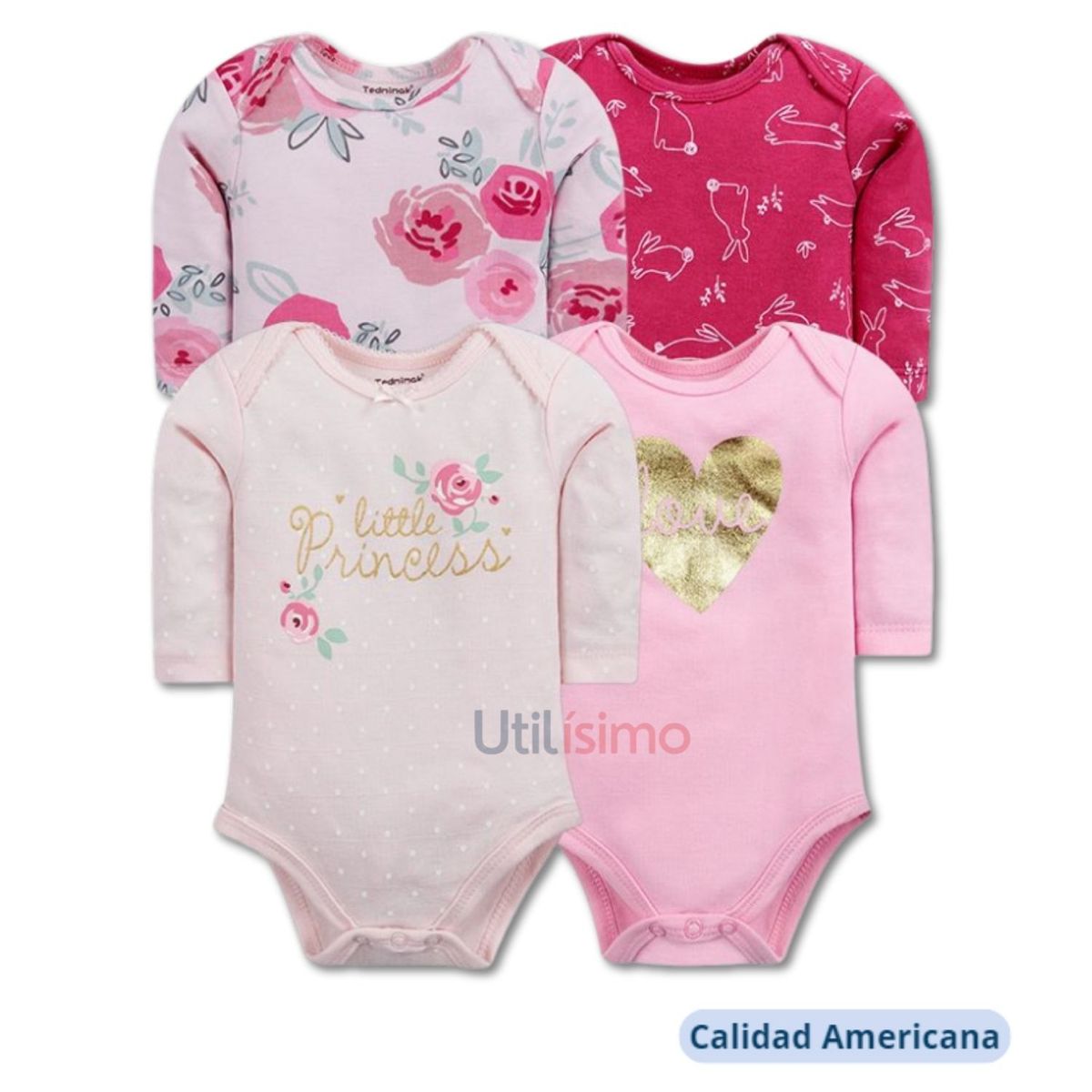 TEDMIMAK - Pack 4 Bodys Tedmimak Niña Manga Larga Little Princess 100% Algodón