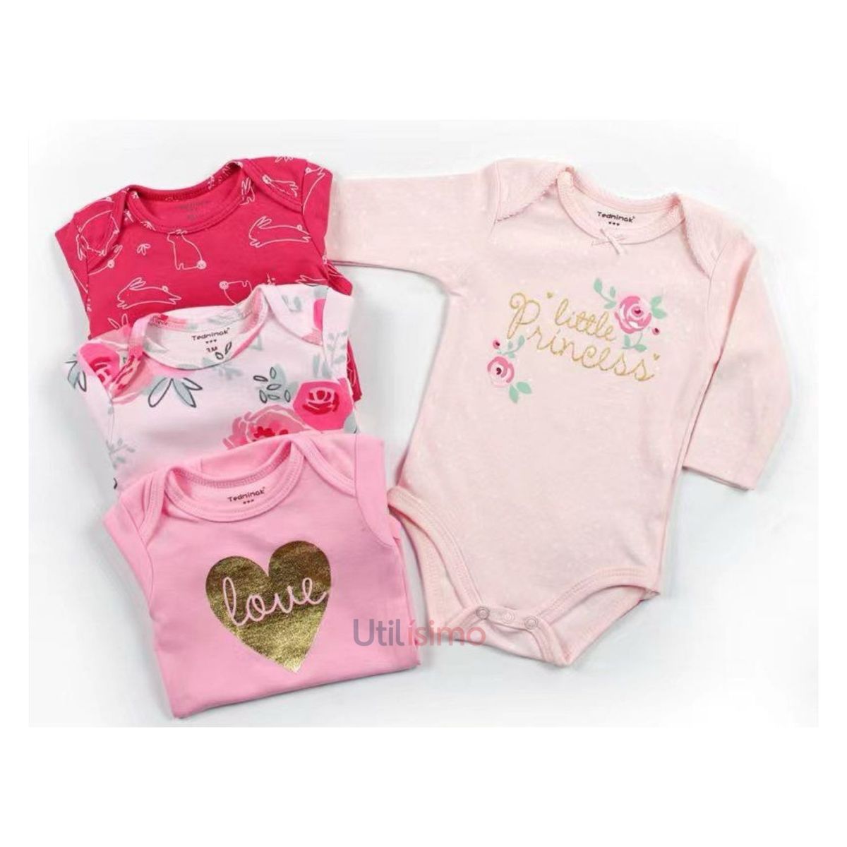 TEDMIMAK - Pack 4 Bodys Tedmimak Niña Manga Larga Little Princess 100% Algodón