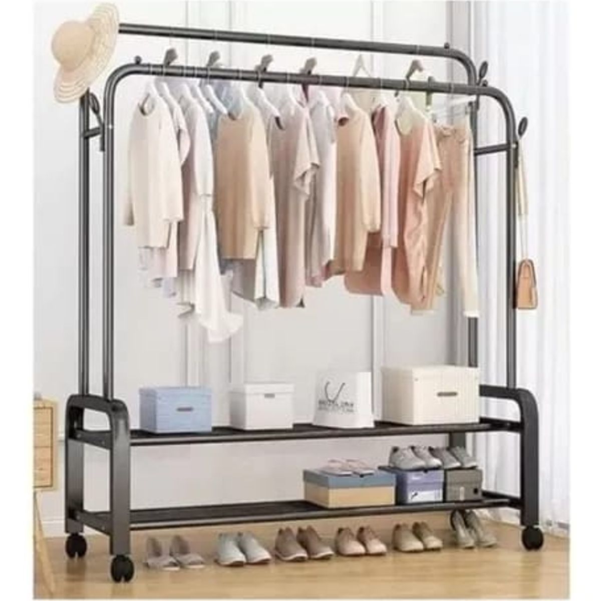 GENERICO - PERCHERO METÁLICO DOBLE BARRA COLGADOR PARA ROPA CON RUEDAS WYM