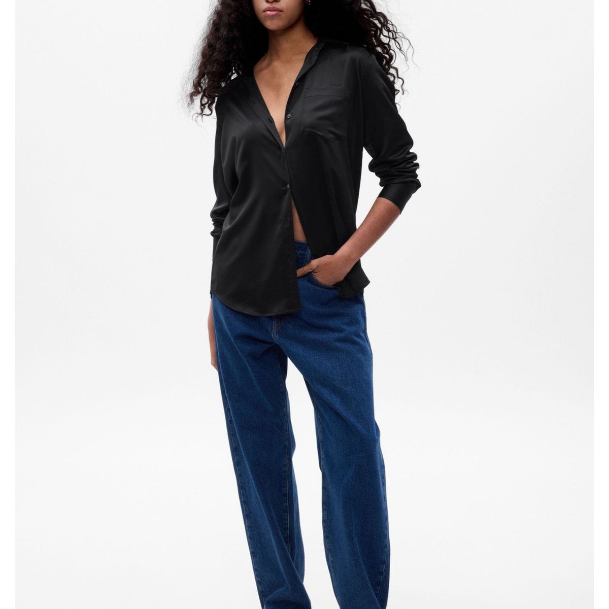 GAP - Blusa Satin Manga Larga Mujer Negro