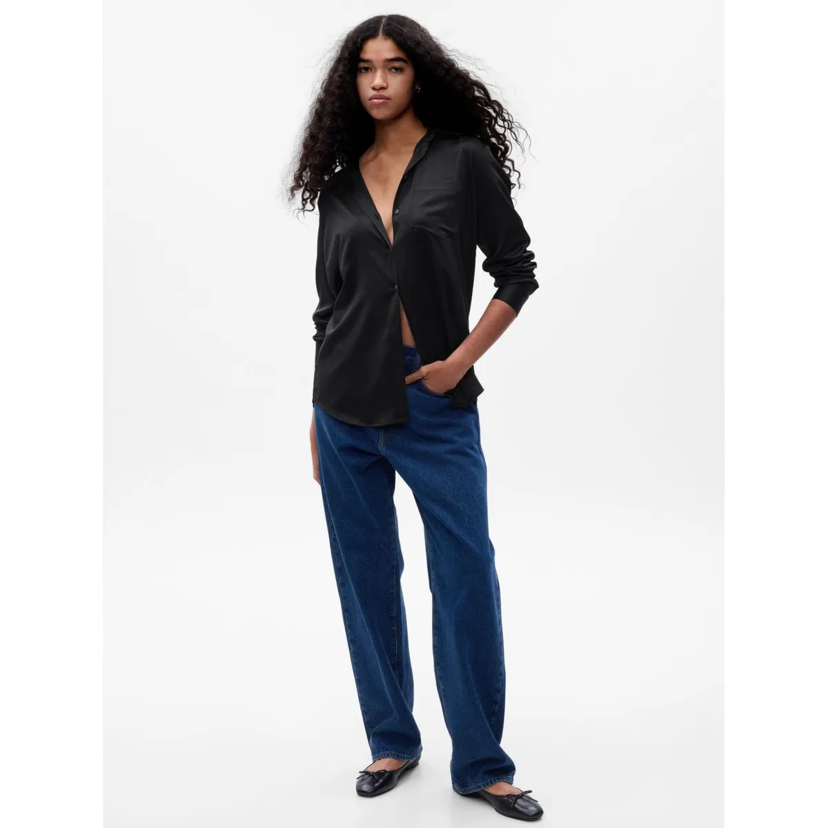 GAP - Blusa Satin Manga Larga Mujer Negro