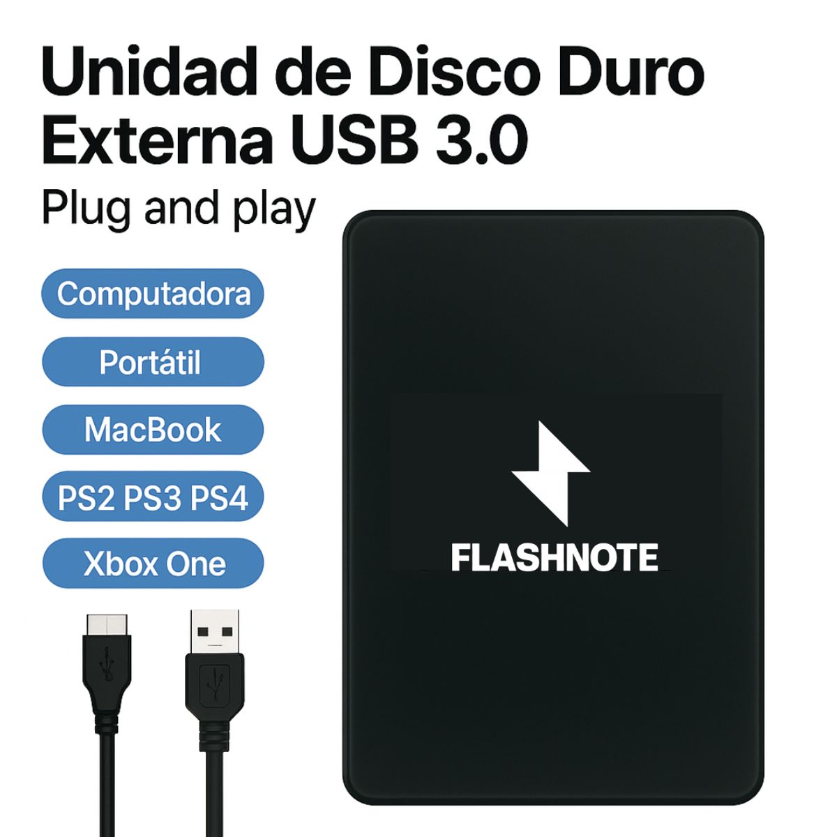 FLASHNOTE - Disco Externo 1tb Usb 3.0 Notebook Macbook Pc Ps4 Ps3 Nintendo Xbox