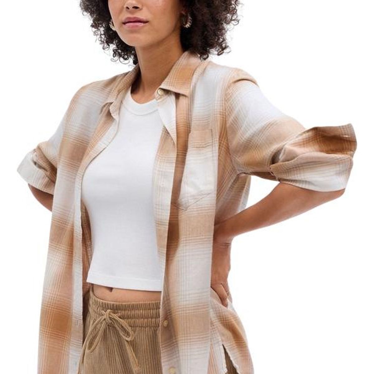 GAP - Blusa Cuadros Franela Manga Larga Beige GAP