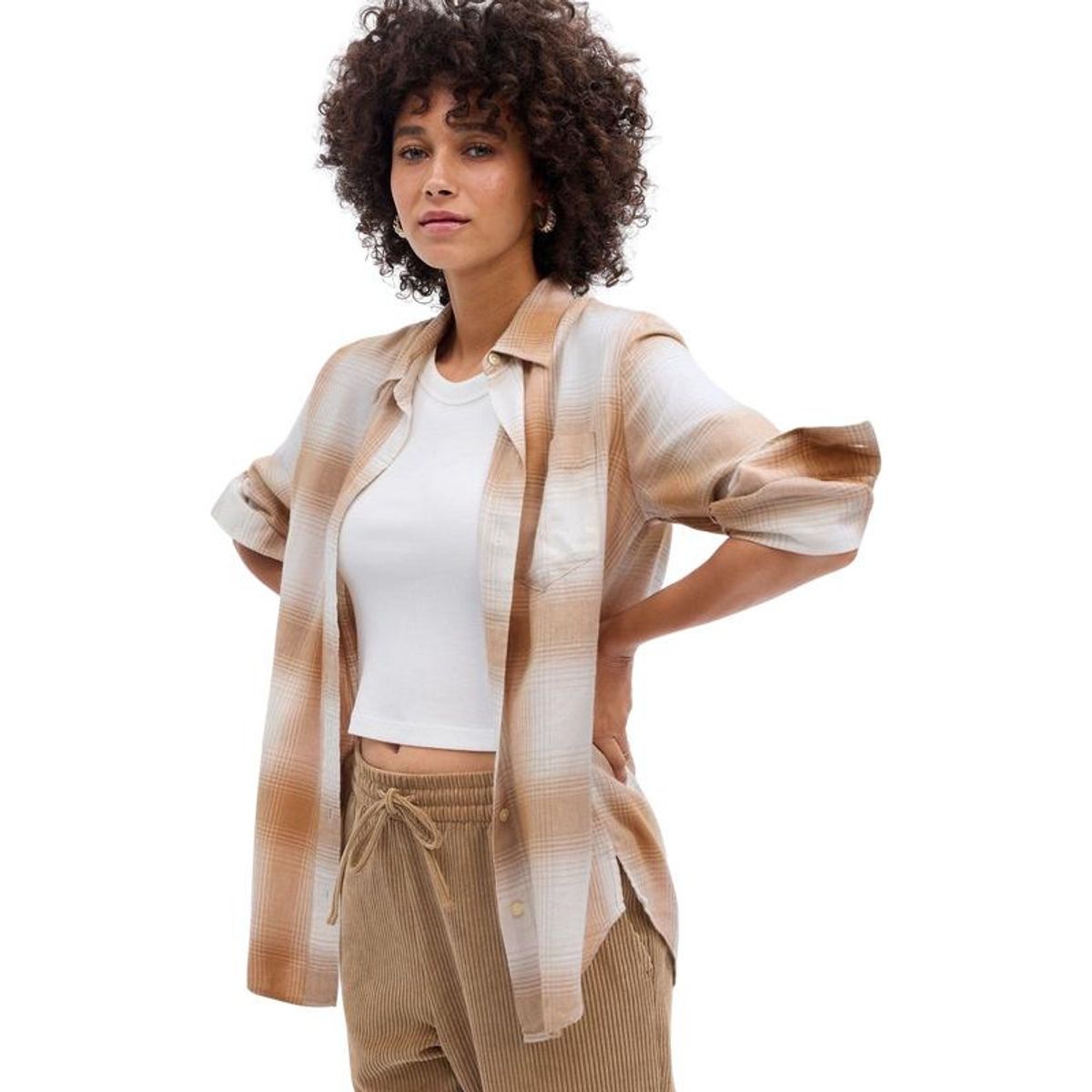 GAP - Blusa Cuadros Franela Manga Larga Beige GAP