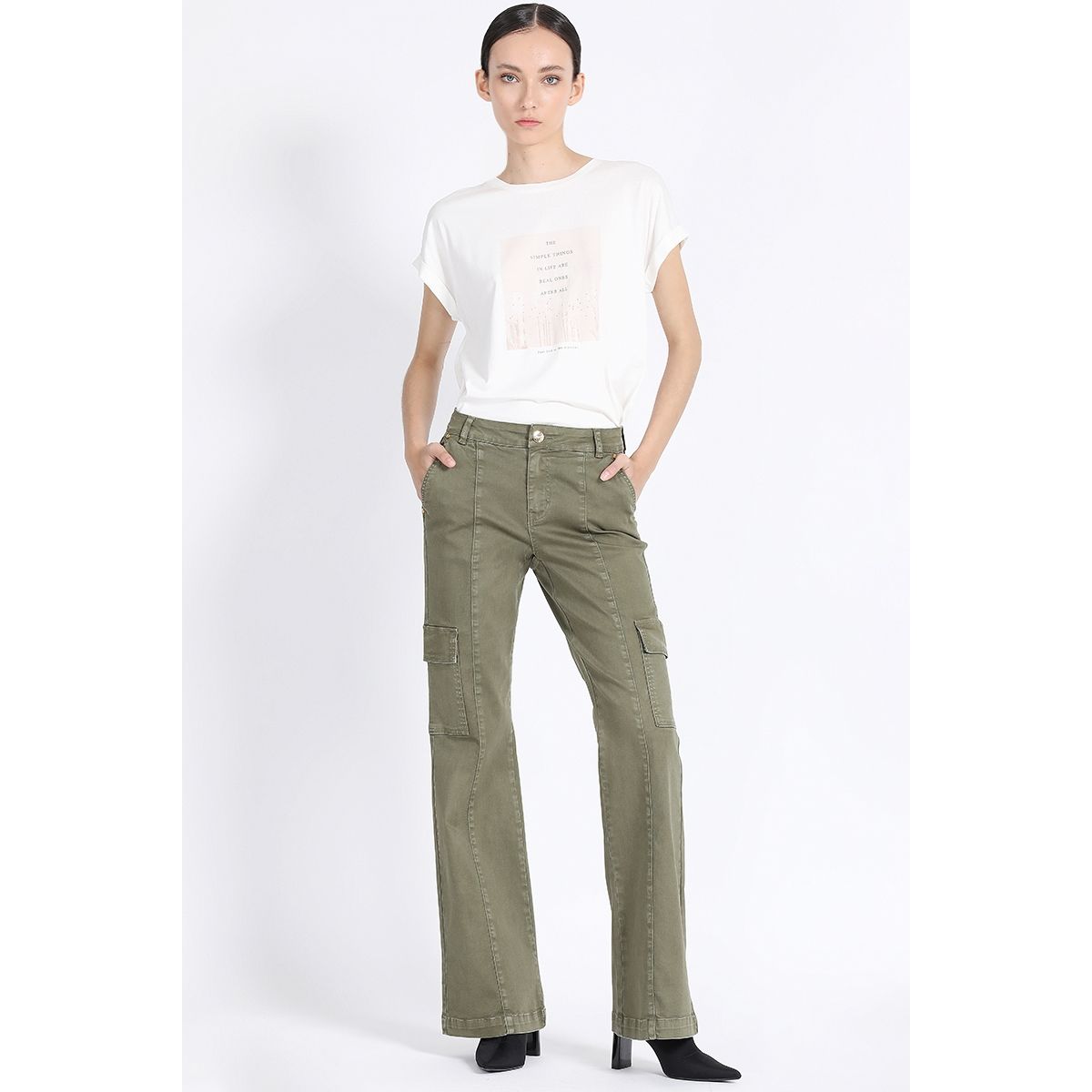 LIOLA - Pantalon Bootcut Cargo, Tiro Medio, Militar Liola