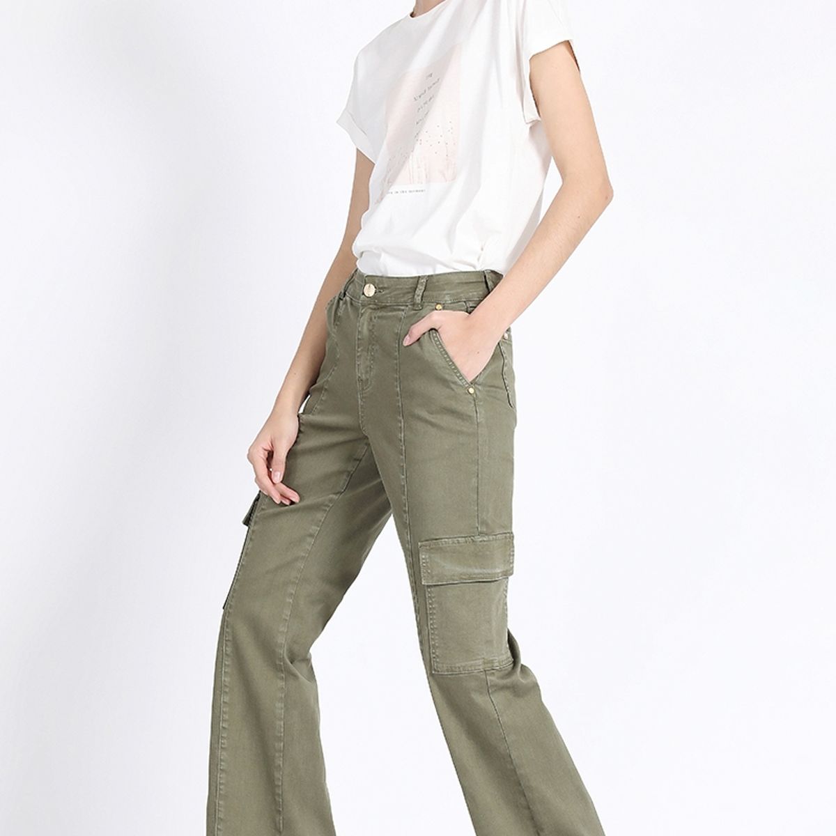 LIOLA - Pantalon Bootcut Cargo, Tiro Medio, Militar Liola