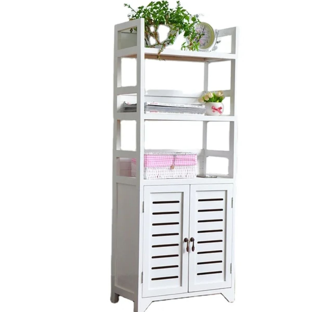 GENERICO - ESTANTE DE MADERA DECAPADO BLANCO CON DOS PUERTAS DE CELOSIA