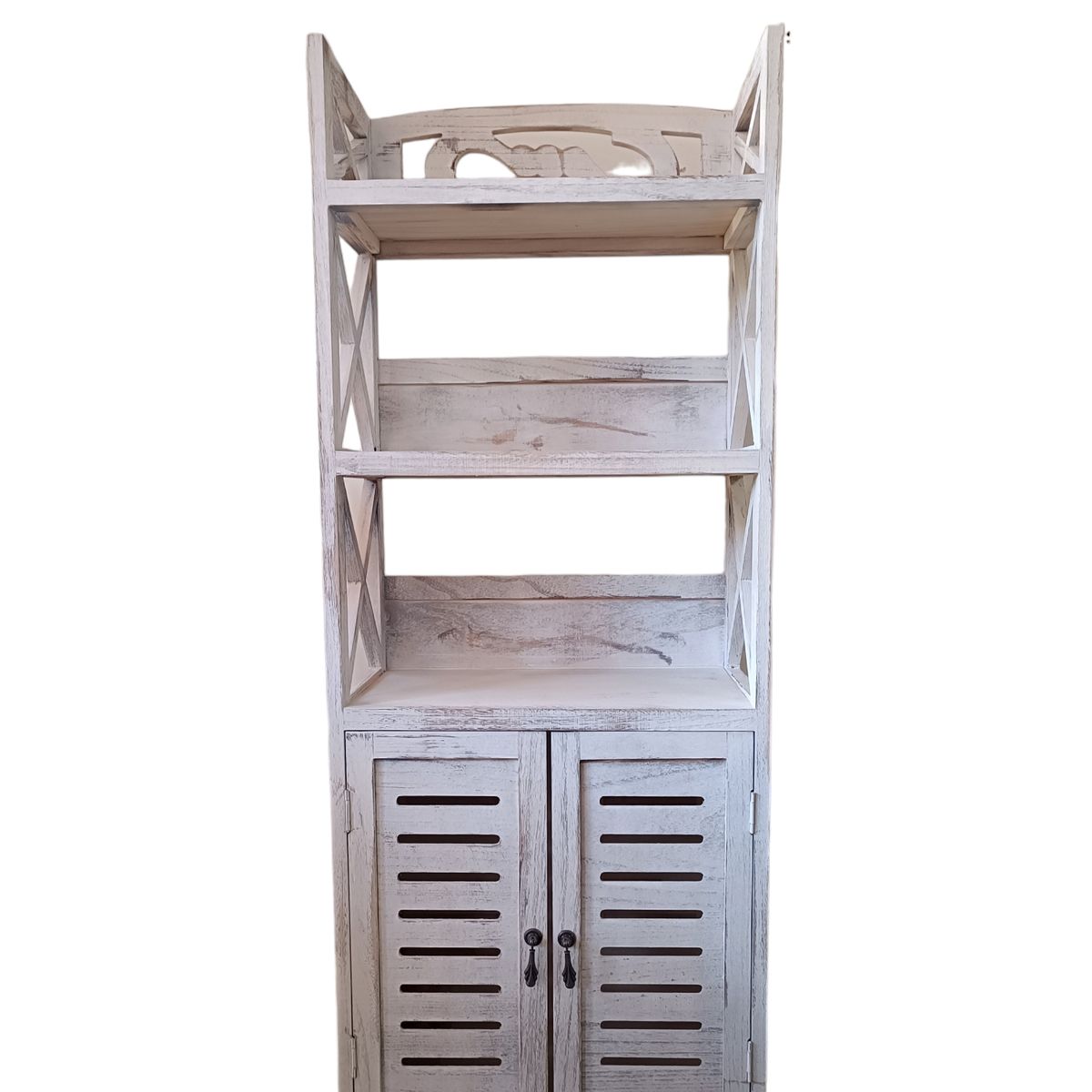 GENERICO - ESTANTE DE MADERA DECAPADO BLANCO CON DOS PUERTAS DE CELOSIA