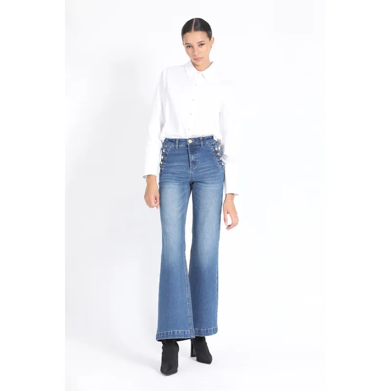 LIOLA - Jeans Palazzo, Tiro Medio, Botones Decorativos, Azul Liola
