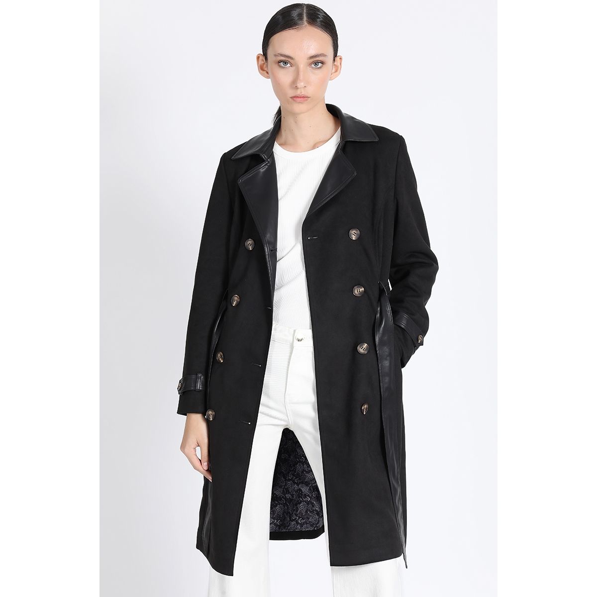 LIOLA - Trench Efecto Gamuza, Negro Liola