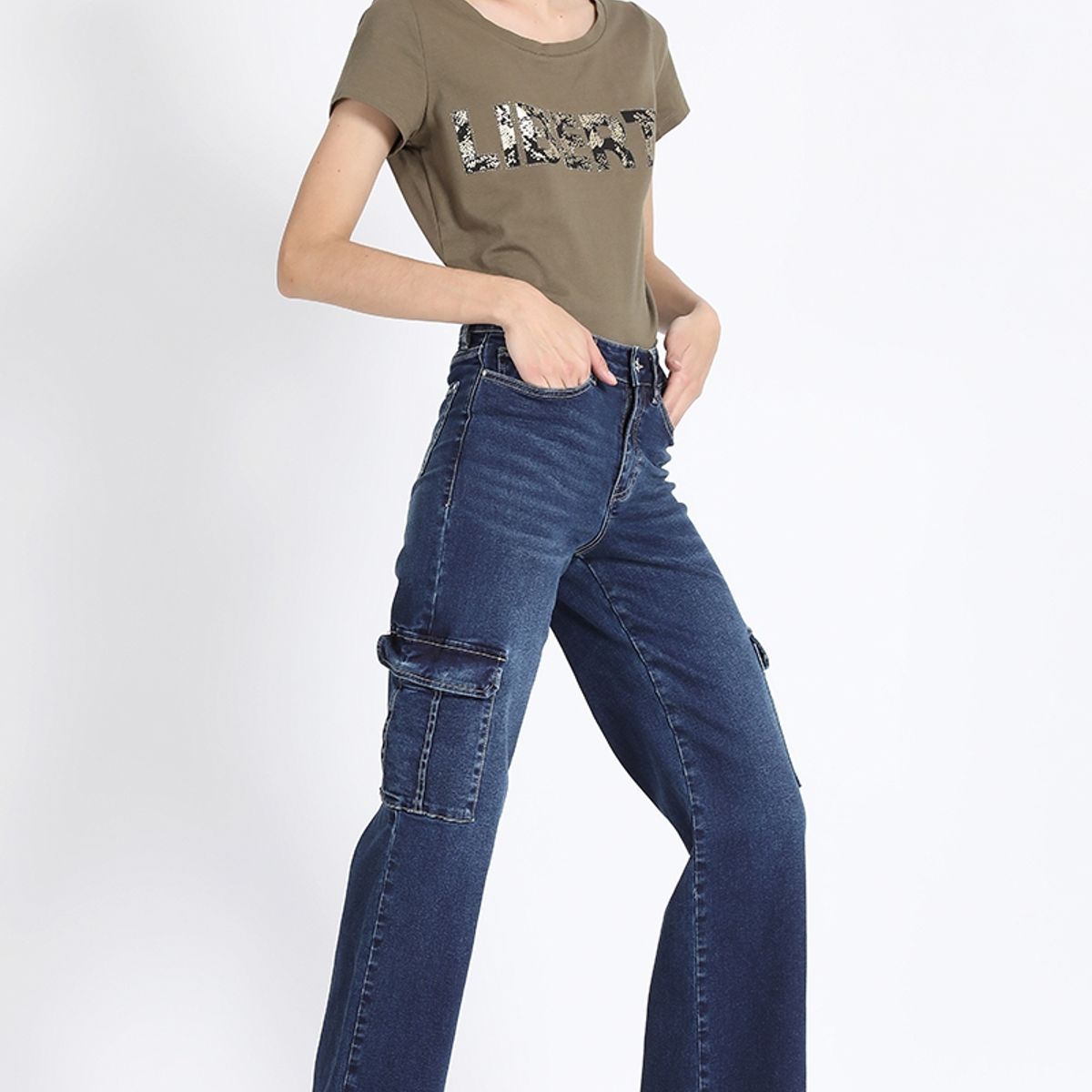 LIOLA - Jeans Straight Cargo, Tiro Medio, Azul Liola