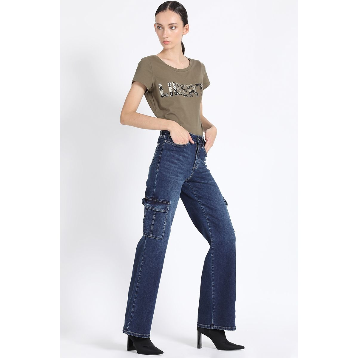 LIOLA - Jeans Straight Cargo, Tiro Medio, Azul Liola