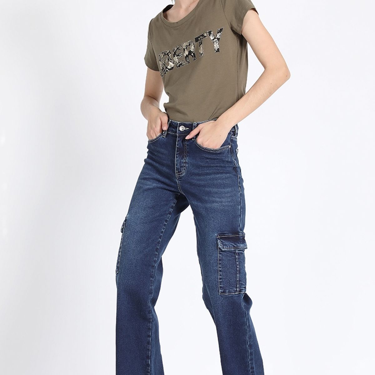 LIOLA - Jeans Straight Cargo, Tiro Medio, Azul Liola
