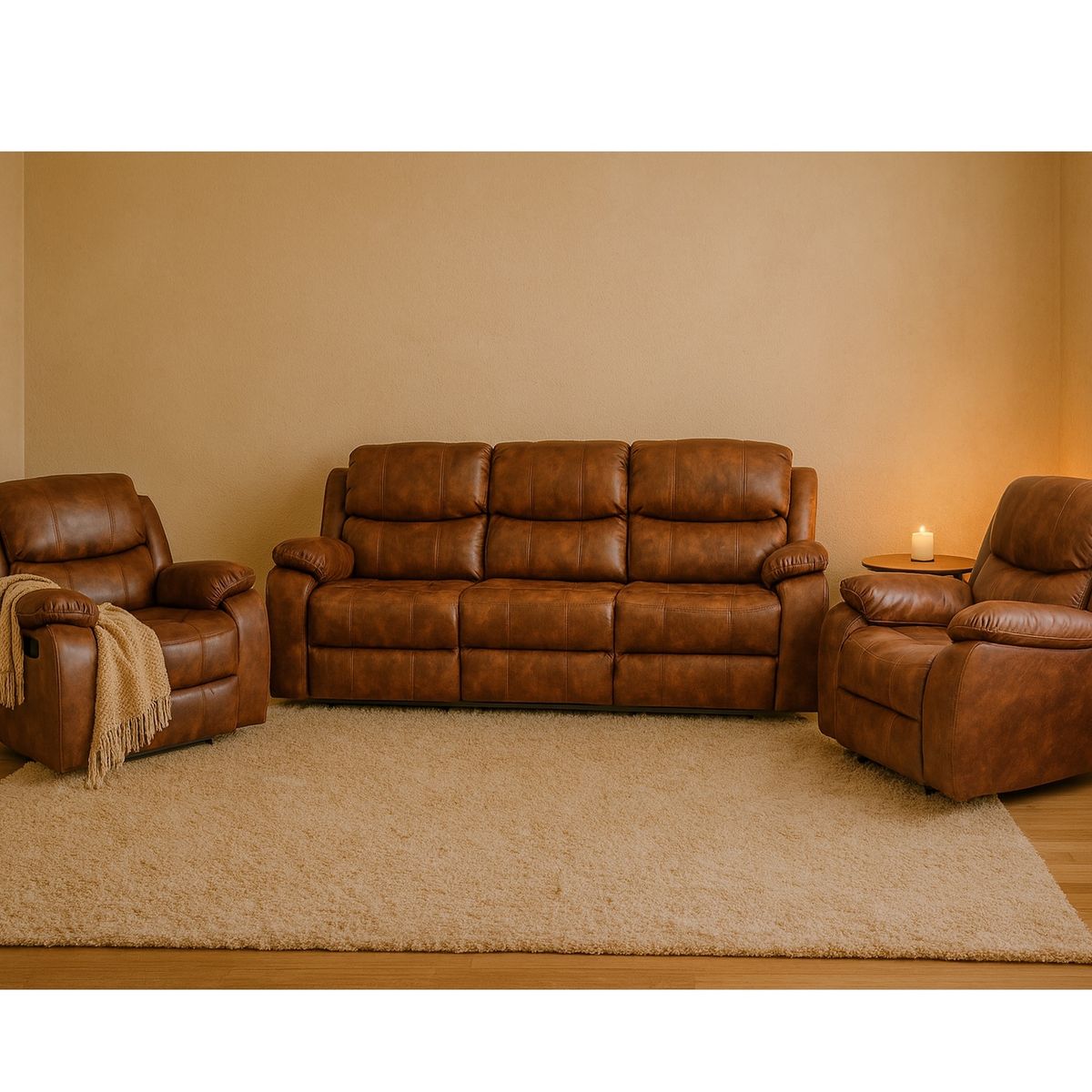 SWEET HOGAR - Living Sofá 3 Cuerpos Reclinable Color Cafe moro + 2 Bergers