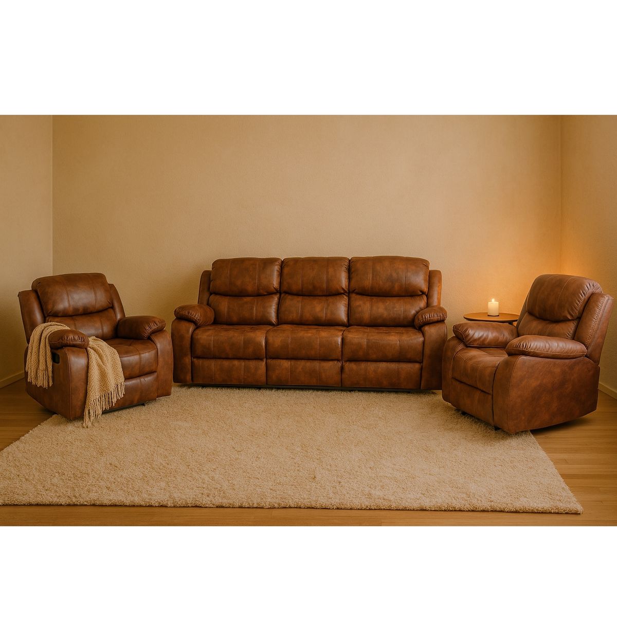 SWEET HOGAR - Living Sofá 3 Cuerpos Reclinable Color Cafe moro + 2 Bergers