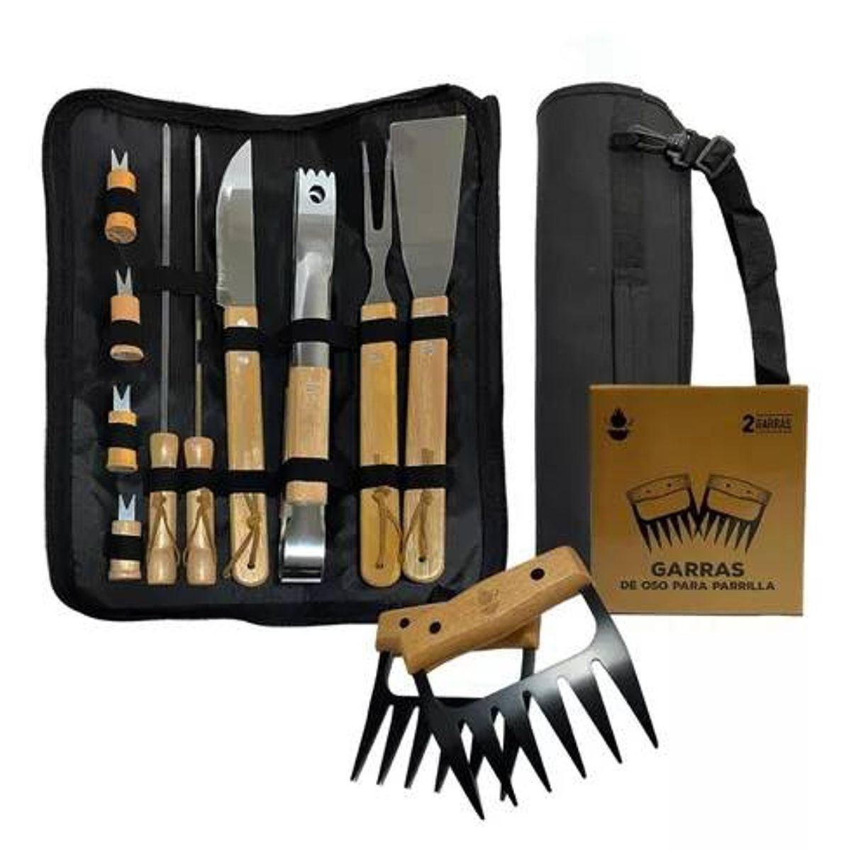 GENERICO - Pack Set Asado Parrilla 10 Uds + 2 Garras De Oso Inox