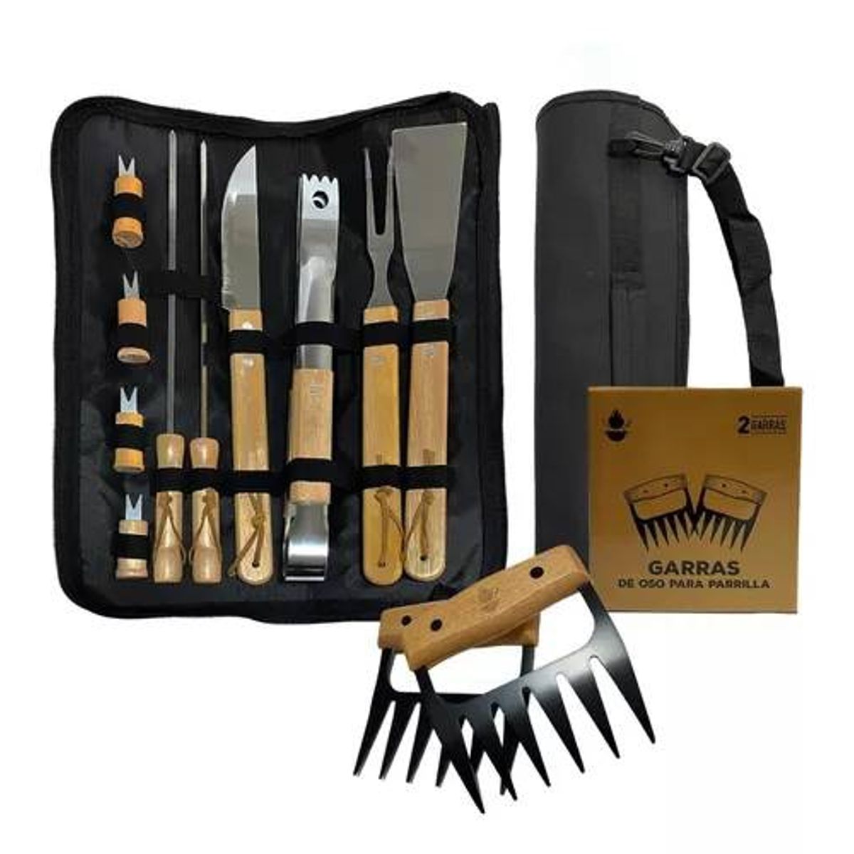 GENERICO - Pack Set Asado Parrilla 10 Uds + 2 Garras De Oso Inox