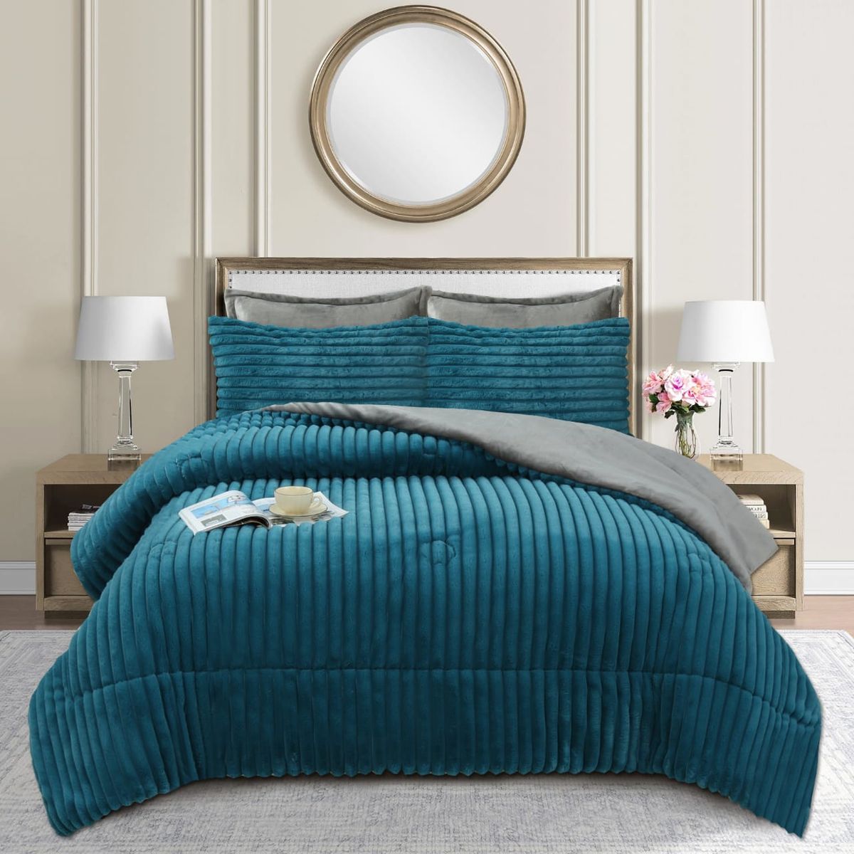 GENERICO - COBERTOR AZUL PETROLEO LINEAL CON CHIPORRO 2 PLAZA  MARCA TF