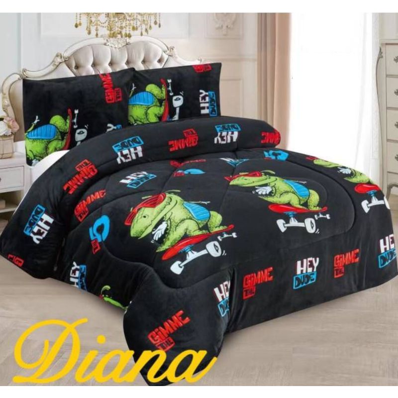 DIANA - COBERTOR NEGRO  PLUSH DISEÑO dino PATIN 1.5 PLAZA