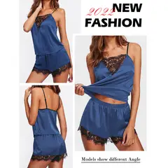 EDWINAYY - Pijamas Top Corta Short Encaje Sexy De Satén Para Conjunto