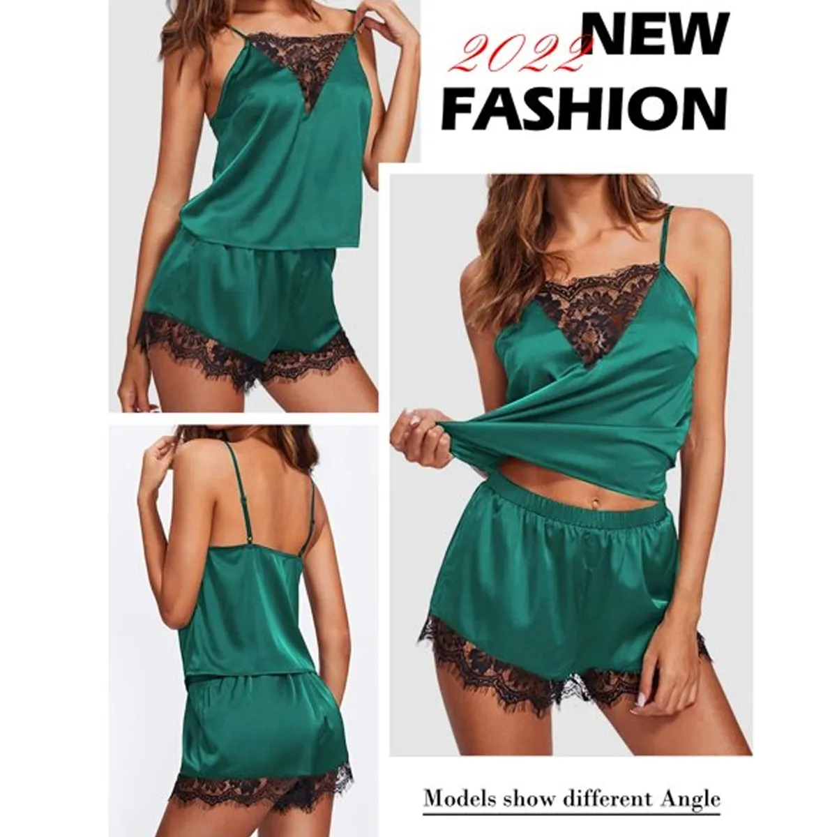EDWINAYY - Pijamas Top Corta  Short Encaje Sexy De Satén Para Conjunto