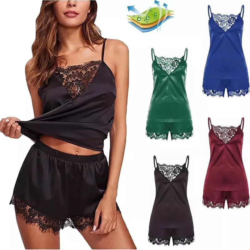 EDWINAYY - Pijamas Top Corta  Short Encaje Sexy De Satén Para Conjunto