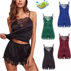 EDWINAYY - Pijamas Top Corta Short Encaje Sexy De Satén Para Conjunto