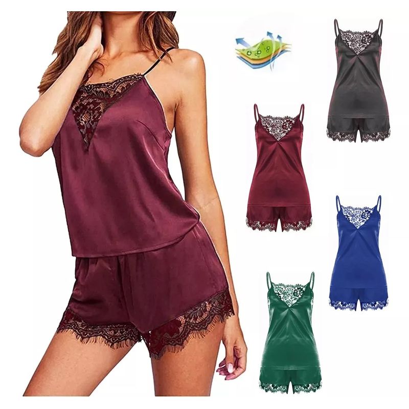 EDWINAYY - Pijamas Top Corta  Short Encaje Sexy De Satén Para Conjunto