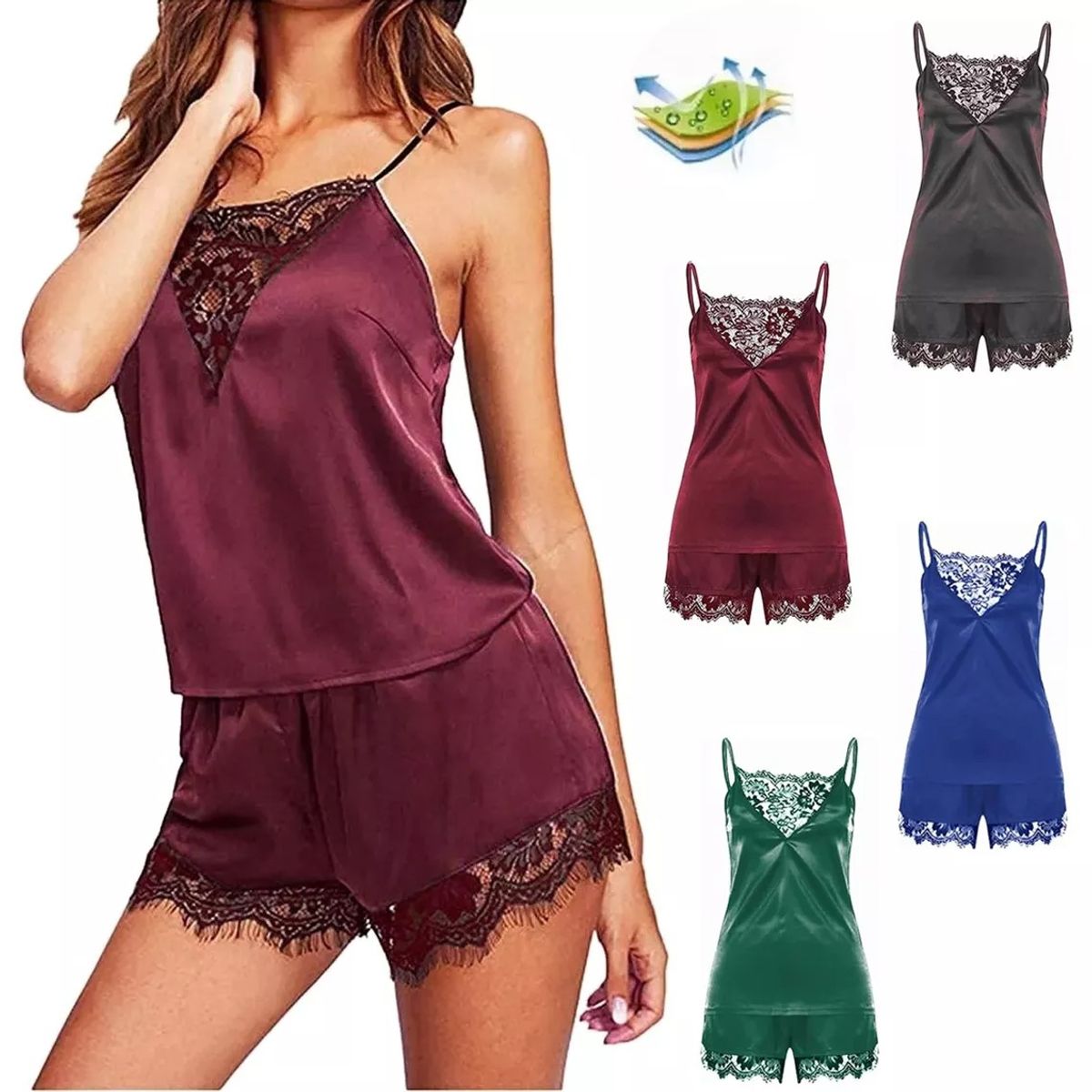 EDWINAYY - Pijamas Top Corta  Short Encaje Sexy De Satén Para Conjunto