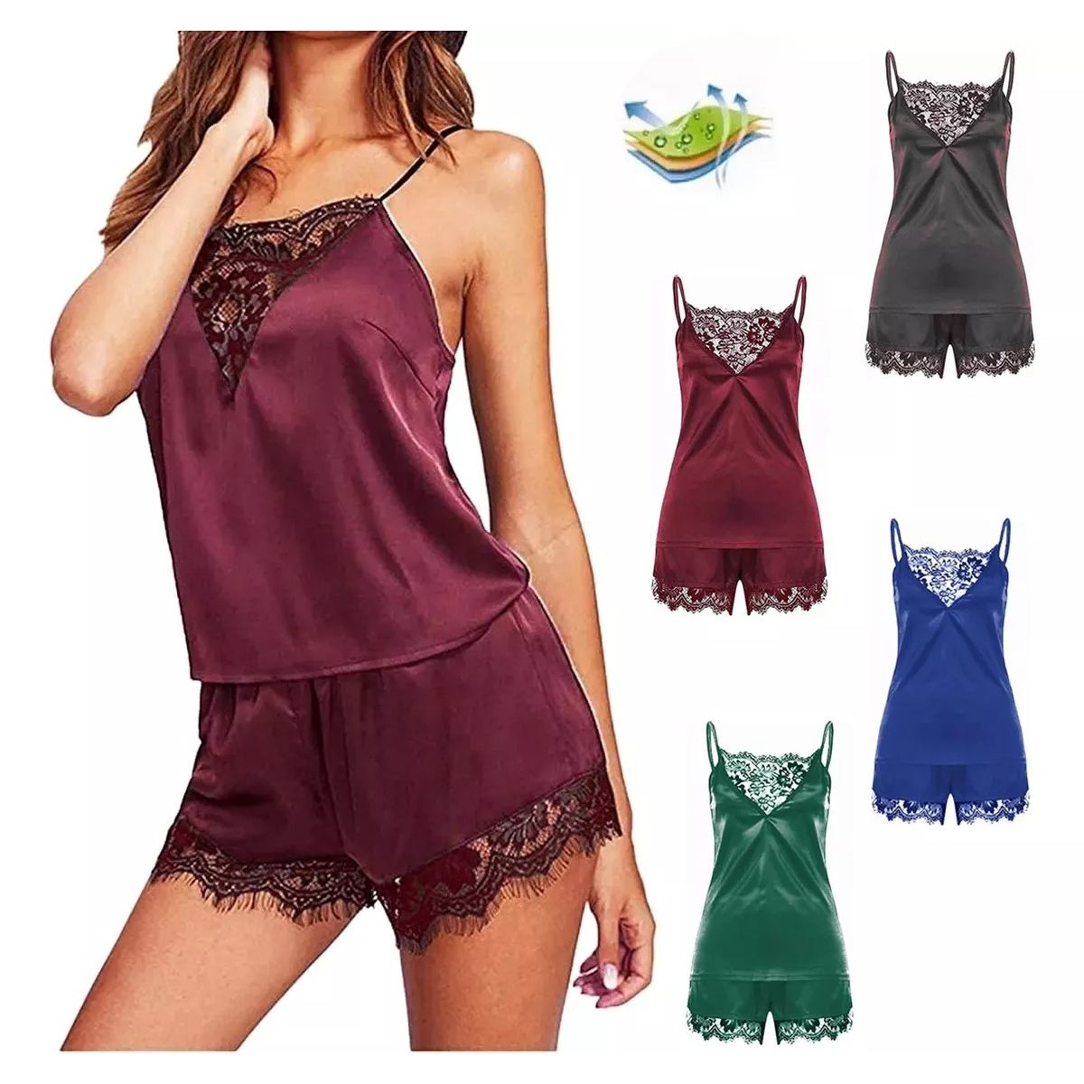 EDWINAYY - Pijamas Top Corta  Short Encaje Sexy De Satén Para Conjunto