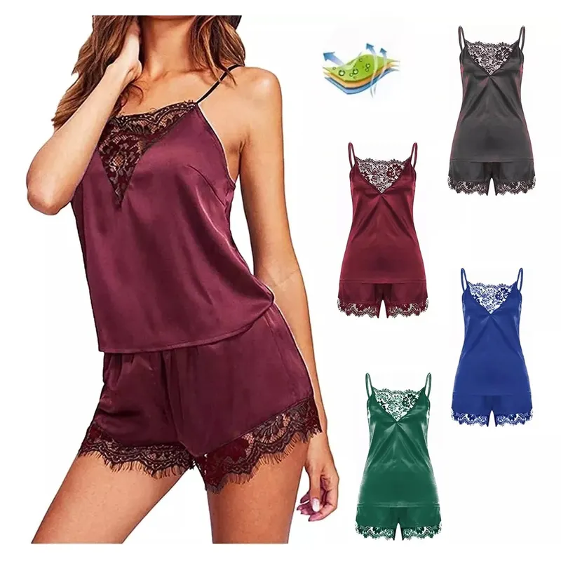 EDWINAYY - Pijamas Top Corta  Short Encaje Sexy De Satén Para Conjunto
