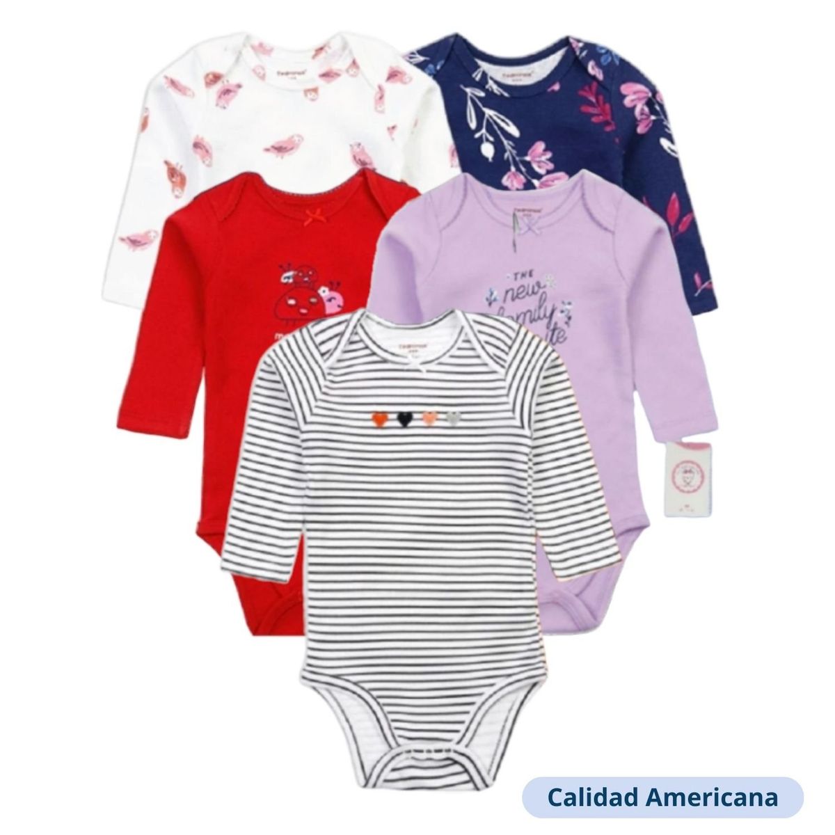 TEDMIMAK - Body Bebe Niña Pack 5 Bodys Tedmimak Algodón Manga Larga Surtido