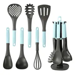 DANNY HOME - Set Utensilios de Cocina de Silicona Mango Azul con Soporte 7pcs