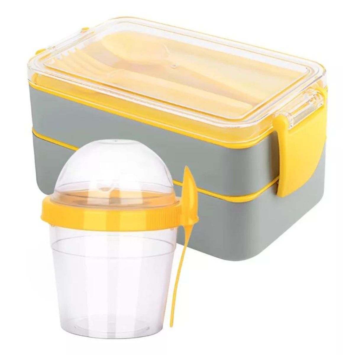 GENERICO - Lonchera Gris Dos Espacios y Vaso Yogurt Amarillo 500 ML con Servicio