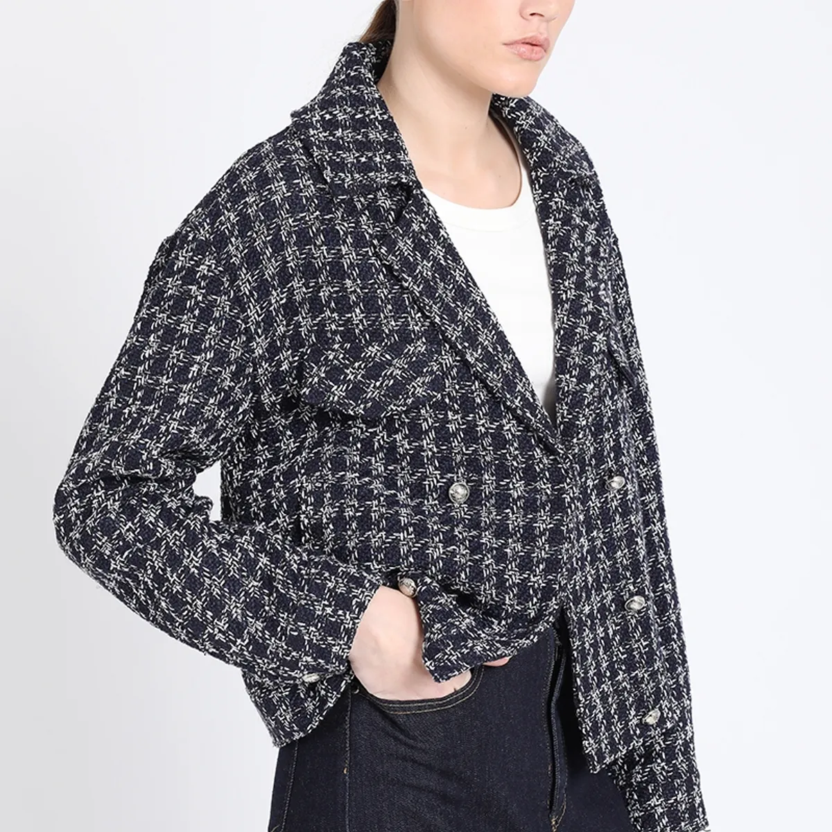 LIOLA - Chaqueta Cropped Tweed, Azul Liola