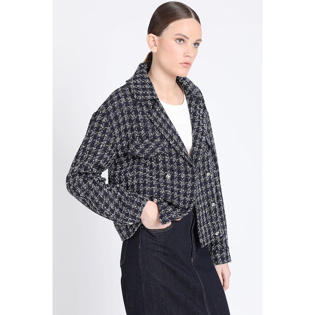 LIOLA - Chaqueta Cropped Tweed, Azul Liola