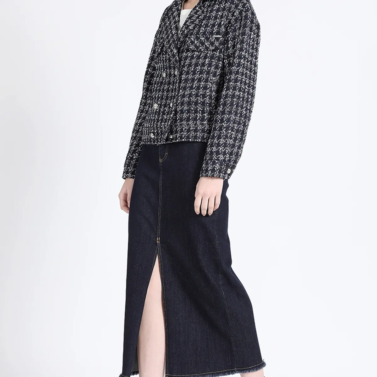 LIOLA - Chaqueta Cropped Tweed, Azul Liola