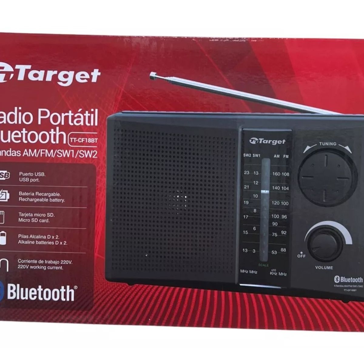 TARGET - Radio Target Portátil Bluetooth USB 4 Bandas Am/fm/sw1/sw2