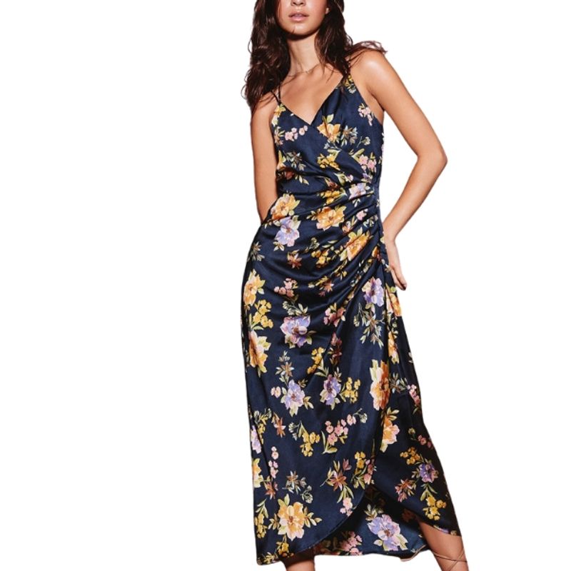 CAPRICHOSA - Midi Vestido satinado estampado en tonos Azules
