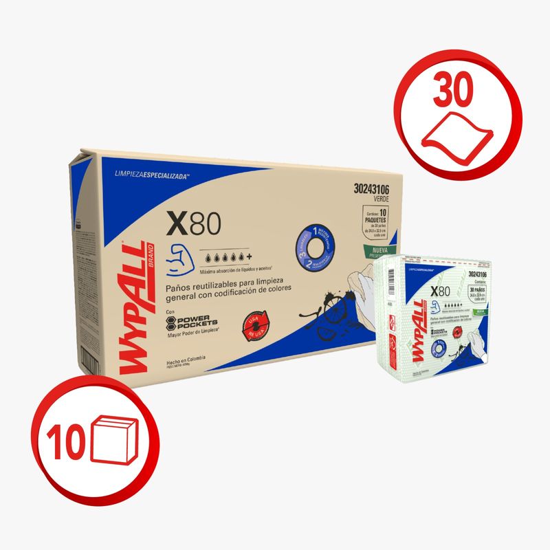 GENERICO - Wypall X80 Verde predoblado 10 pack de 30 Paños. Kimberly Clark