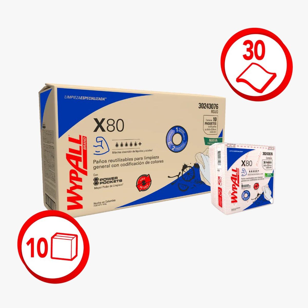 GENERICO - Wypall X80 Rojo predoblado 10 pack de 30 Paños. Kimberly Clark