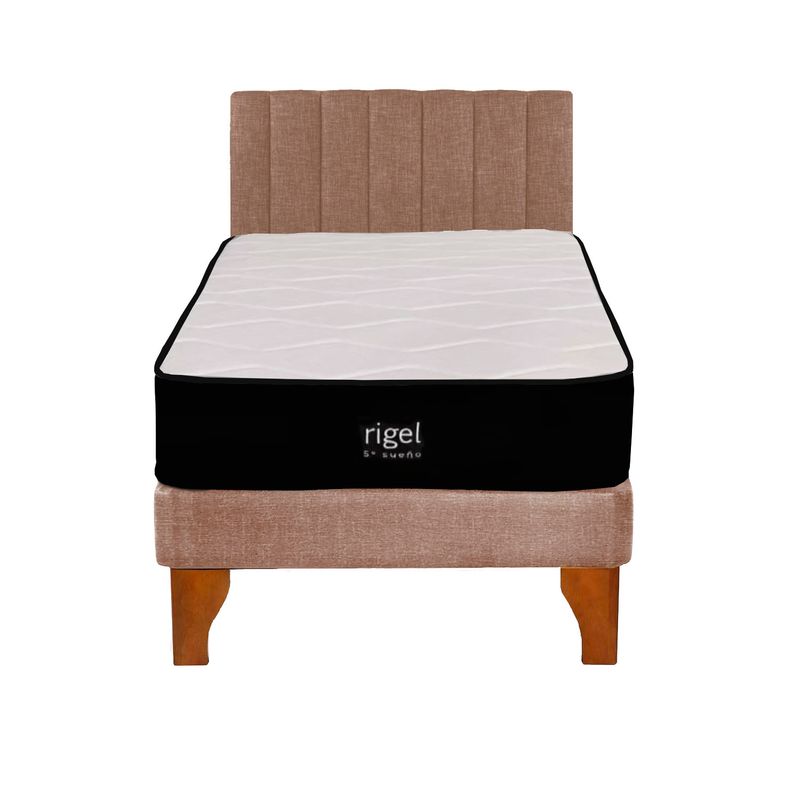 5 SUEÑO - Cama Europea 1 Plaza Rigel + Respaldo Tubular Madera Beige
