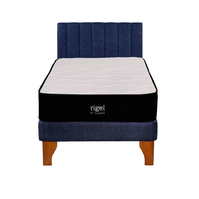 5 SUEÑO - Cama Europea 1 Plaza Rigel + Respaldo Tubular Madera Azul