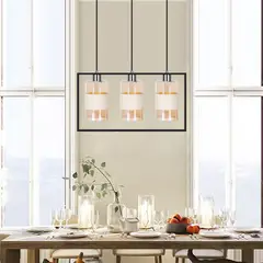 LAMPARASHOME - Lámpara colgante vintage madera y ambar 3 luces E27 52×12×105cm