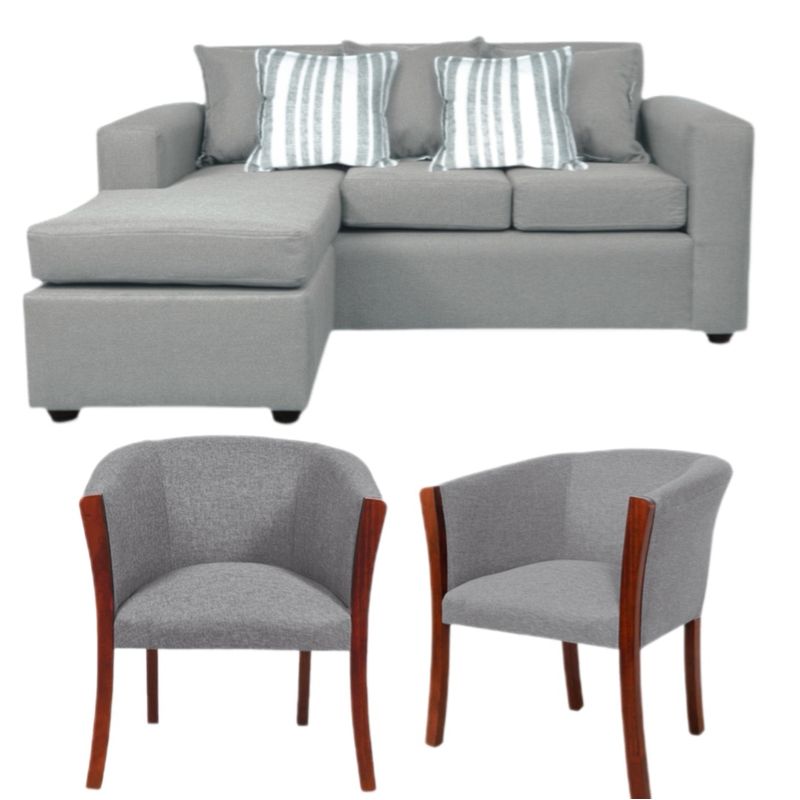 SITIAL HOME - Living 311 Boheme Gris Claro, sofa seccional mas 2 sitiales de madera