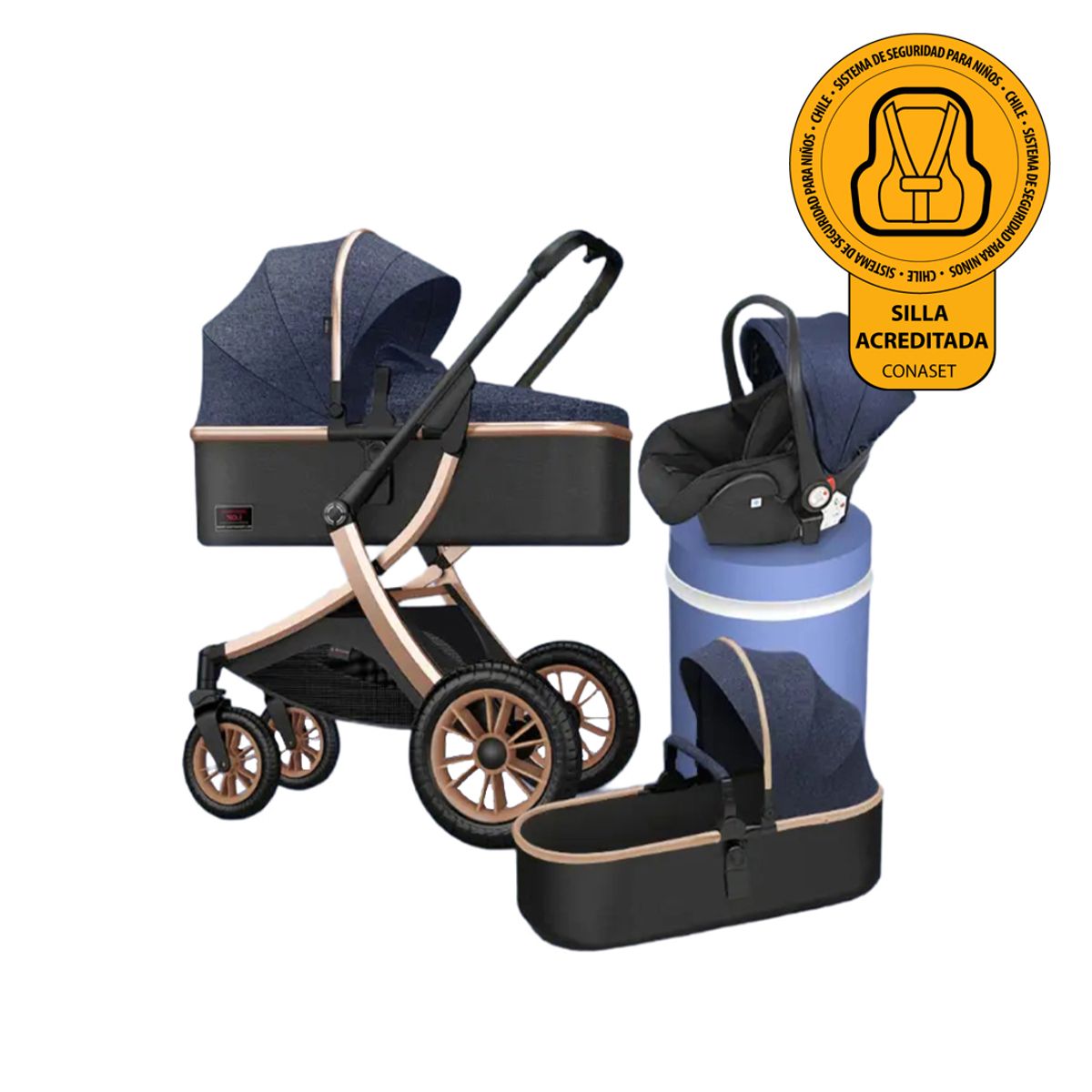 BABYMINE - Coche Cuna Todo en Uno Simple Life Azul Dorado Babymine