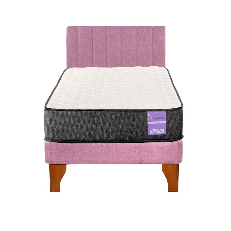 5 SUEÑO - Cama Europea 1,5 Plazas Aura + Respaldo Tubular Madera Rosado